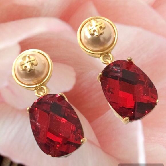 TORY BURCH KIRA LOGO RED RUBY CRYSTAL AND FAUX PEARL